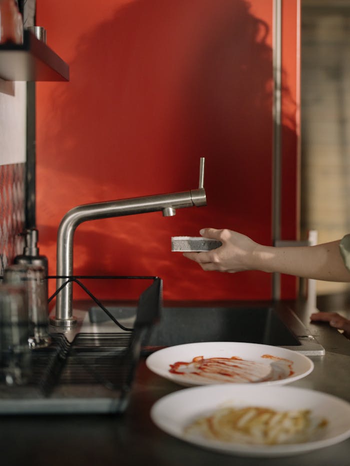 services-03 Close-up of a hand washing dishes in a modern kitchen with a red backdrop.