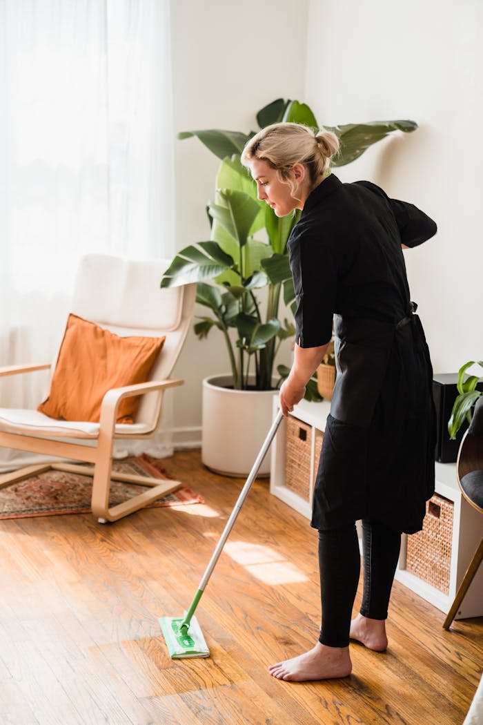 home-img A woman mops the floor in a sunlit room with modern decor and indoor plants.